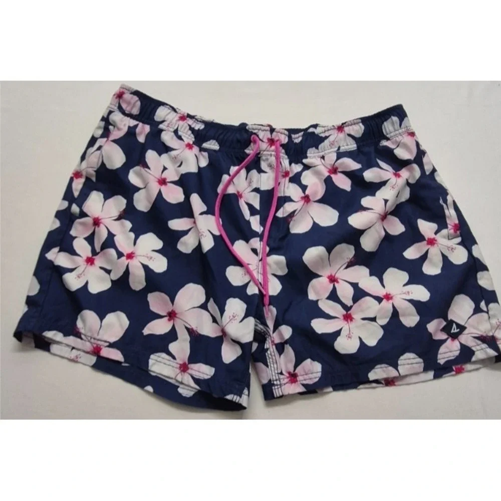 Sperry men's navy blue floral print swim trunks XL drawstring mesh lining pocket